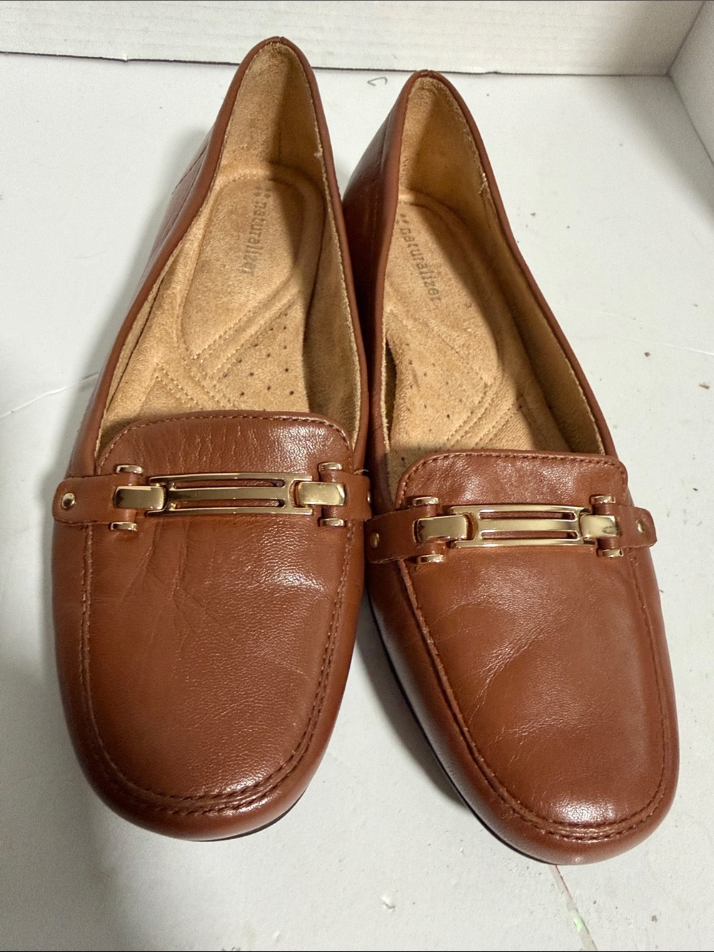 Women's naturalizer Brown Leather Slip-On Loafers with Gold Accent